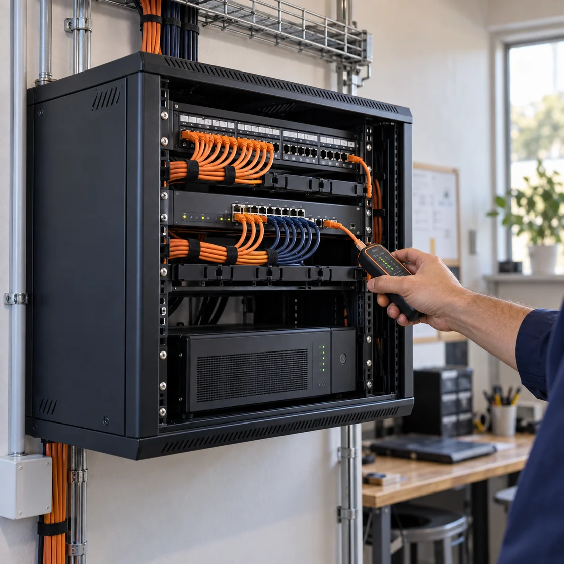 Illustration of a technician testing structured network cabling in a business installation